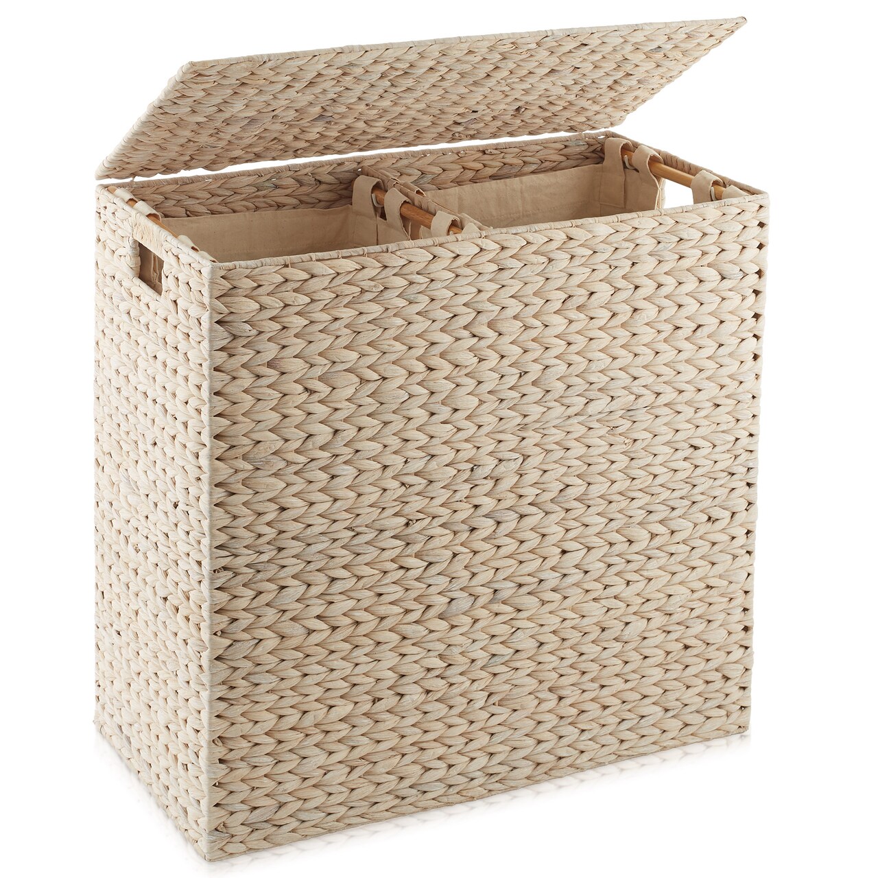 Casafield 2-Section Laundry Hamper with Removable Liner Bags, Woven Water Hyacinth Double Laundry Basket Sorter for Clothes and Towels